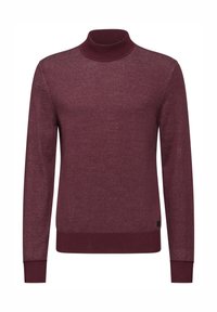 Burgundin turtleneck-neule, joka on valmistettu pehmeästä trikookankaisesta, varustettu pitkillä hihoilla sekä resoreilla hihansuissa ja kauluksessa lisäämään mukavuutta.