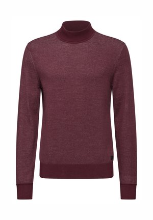 Burgunderfarbener Rollkragenpullover aus weichem Strickstoff, mit langen Ärmeln und gerippten Bündchen sowie Halsausschnitt für zusätzlichen Komfort.