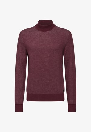 Burgunderfarbener Rollkragenpullover aus weichem Strickstoff, mit langen Ärmeln und gerippten Bündchen sowie Halsausschnitt für zusätzlichen Komfort.