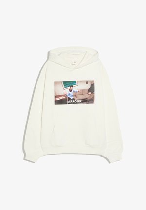 Sweat à capuche blanc avec poche avant présentant une photo d’un homme sautant sur un canapé et le texte "PARKOUR!" en lettres grasses.