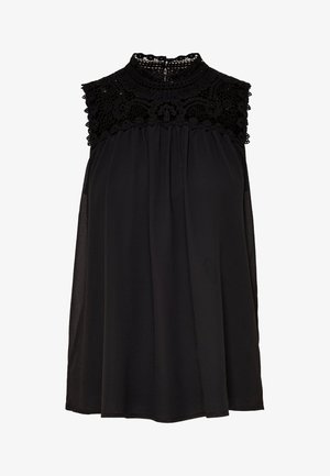 Blouse noire sans manches avec un col montant en dentelle et un empiècement en dentelle, coupe ample et tissu froncé sous l'empiècement.