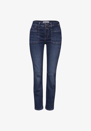 Dunkelblaue Slim-Fit-Jeans mit zwei vorderen aufgesetzten Taschen und einem Bund mit doppeltem Knopfverschluss.