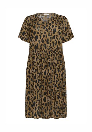 Abito a stampa leopardata in marrone e nero, maniche corte, scollatura a V, vita arricciata, lunghezza sopra il ginocchio, texture liscia, design casual.