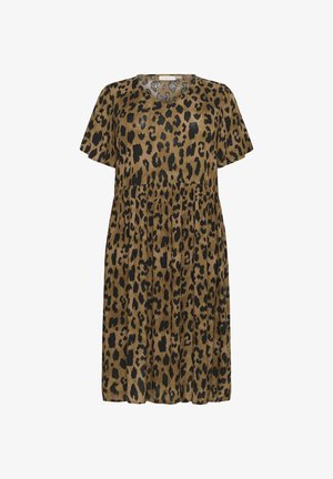 Šaty s leopardím vzorom v hnedej a čiernej farbe, krátke rukávy, výstrih do V, z gathered pásom, dĺžka nad kolená, hladká textúra, voľný dizajn.
