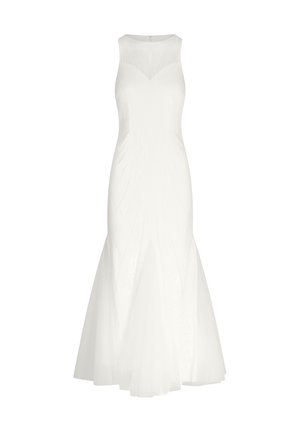 Hvid ærmeløs kjole med tætsiddende bodice og udvidet skørt. Har tekstureret stof og diskret detaljer ved udskæringen. Lynlås lukning bagpå.