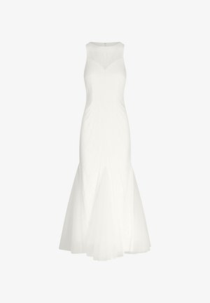 Weißes ärmelloses Kleid mit tailliertem Oberteil und ausgestellt Rock. Verfügt über einen strukturierten Stoff und dezente Details am Halsauschnitt. Mit Reißverschluss am Rücken.