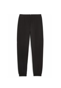 Pantalones de chándal negros hechos de un tejido suave, con cinturilla elástica y puños acanalados. Corte recto sin patrones ni acentos visibles.