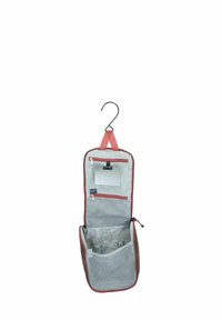 H�ängende Kulturreisetasche mit einem roten Reißverschluss und Rand, grauem Stoff, mehreren Fächern, einem Spiegel und einem drehbaren Haken für einfachen Zugriff.