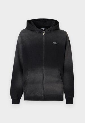 Μαύρο φούτερ με φερμουάρ και ξεθωριασμένο εφέ, μπροστινές τσέπες καγκουρό, μικρό λευκό λογότυπο «FAVELA» στο στήθος και προσαρτημένη κουκούλα.