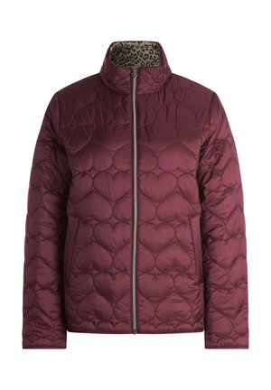 Giacca trapuntata color bordeaux con cuciture a forma di cuore, zip frontale completa, colletto alto e fodera interna con stampa leopardata.