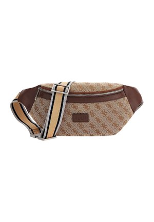 Brown patterned Guess waist bag with beige and black striped adjustable strap and silver zipper.