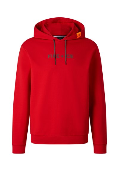 Sweat à capuche rouge avec cordons noirs et "FIRE + ICE" imprimé en gris sur la poitrine, avec une étiquette orange sur la capuche.
