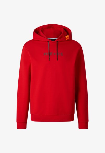 Sweat à capuche rouge avec cordons noirs et "FIRE + ICE" imprimé en gris sur la poitrine, avec une étiquette orange sur la capuche.