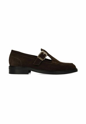 Dark brown suede men's loafer with a gold buckle strap, black sole, and low heel, shown from the side on a white background.
