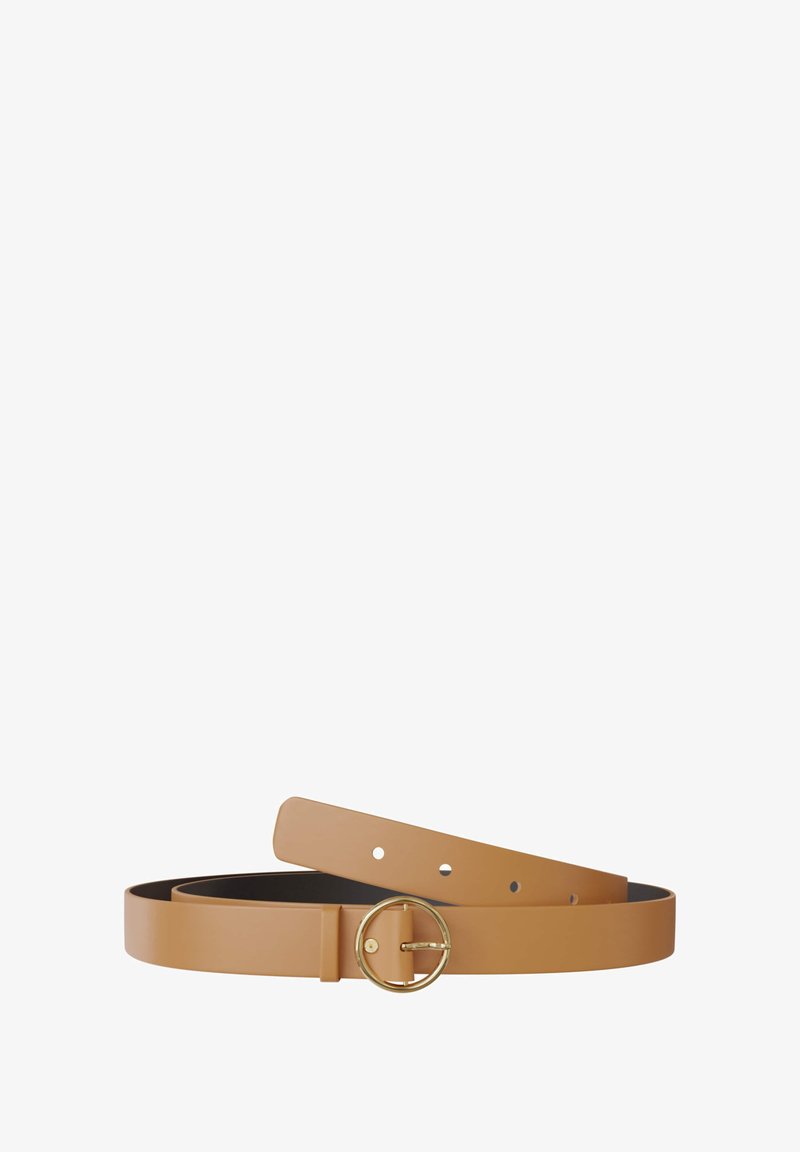 Tan faux leather belt with a circular gold-tone buckle, featuring a smooth texture and multiple adjustment holes for sizing.