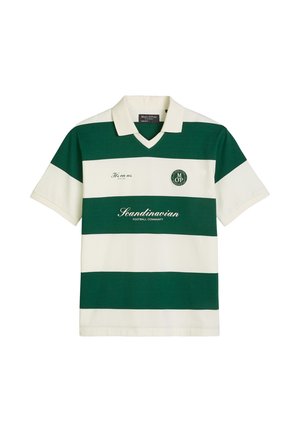 Short-sleeve polo shirt with wide green and white horizontal stripes, a collar, and "Scandinavian Football Community" text on the front.