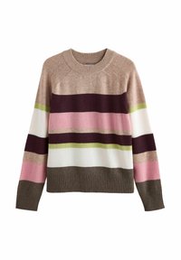 Pull en tricot à col rond, arborant des rayures horizontales marron, blanc, rose, vert et violet foncé. Poignets et ourlet côtelés.
