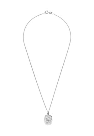 Silver chain necklace with a textured, oval pendant featuring intricate engravings. The chain is thin with a clasp closure.