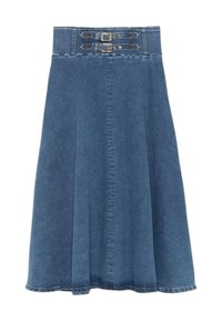 Denim A-linje nederdel i mellemblå farve, med dobbelte spænde detaljer i den høje talje og plisseret design, samt en glat, tekstureret finish.
