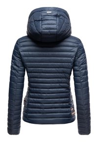 Navy blue padded jacket with a hood, featuring horizontal quilted pattern and two small logo accents near the waist. Smooth, shiny texture.