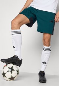 Pantalones cortos atléticos en color azul verdoso con acentos laterales negros, llevados con calcetas blancas hasta la rodilla que tienen rayas negras y zapatillas de fútbol negras. Un balón de fútbol está debajo.