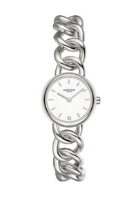 Sudraba analogā pulksteņa dizains ar masīvu ķēdes aproci un baltu ciparnīcu, kurā ir vienkārši stundu marķējumi. Zīmola nosaukums "GLANZSTÜCKE" ir redzams.