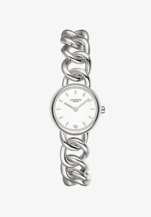 Hõbedane analoogkell, millel on jäme ketipaan ja valge kellanupp lihtsate tundemarkeritega. Kaubamärk "GLANZSTÜCKE" on nähtaval.