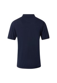 Marineblaues kurzärmliges Poloshirt mit klassischem Kragen, aus glattem Stoff gefertigt, mit lockerer Passform und ohne sichtbare Muster oder Akzente.