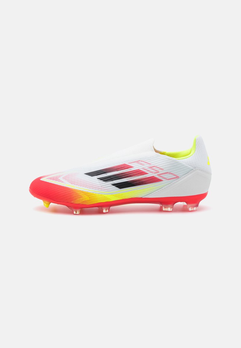 White soccer cleat with colorful gradient from pink to yellow, textured upper, prominent black accents, and transparent studs on the sole.
