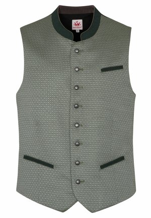 Groen geprint vest met hoge kraag, knoopsluiting, twee zakken en donkergroene accenten langs de kraag en de randen van de zakken.