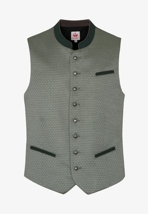 Grüner gemusterter Weste mit hohem Kragen, Knopfleiste, zwei Taschen und dunkelgrünen Akzenten entlang des Kragens und der Taschenkanten.