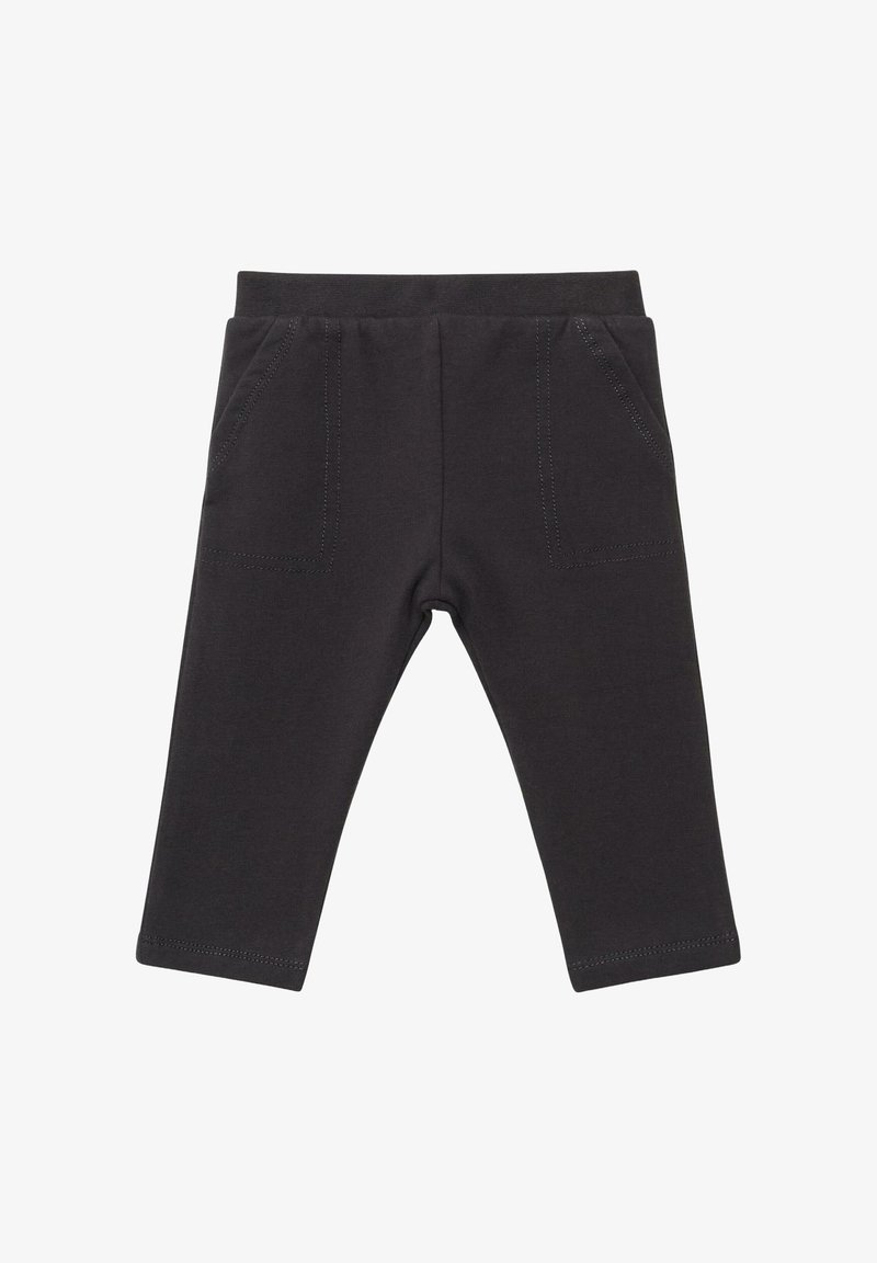 Leggings en coton stretch noir avec taille élastique et deux poches avant avec coutures décoratives. Texture lisse et coupe ajustée.