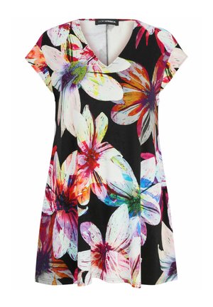 Florales Kleid mit schwarzem Hintergrund, das mit einem lebhaften Druck großer, bunter Blumen verziert ist. V-Ausschnitt und kurze Ärmel in lockerer Passform.