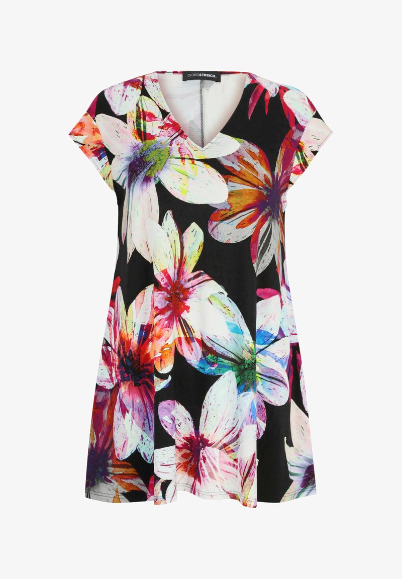 Floral dress with a black background, featuring a vibrant print of large, colorful flowers. V-neckline and short sleeves in a relaxed fit.