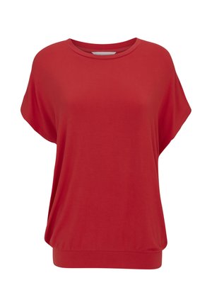 Blouse rouge à manches courtes avec un col rond et une coupe ample, resserrée à l'ourlet pour un effet blousant.