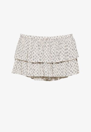 Witte mini-rok met meerdere lagen, blauw bloemmotief in diamantvorm en een taillekoord, gemaakt van lichtgewicht stof.