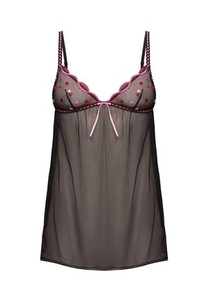 Nachtie negru transparent cu accente roz, având un decolteu ondulat, inimi brodate și un detaliu cu fundă în față. Bretele subțiri reglabile.