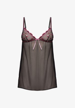 Nachtie negru transparent cu accente roz, având un decolteu ondulat, inimi brodate și un detaliu cu fundă în față. Bretele subțiri reglabile.