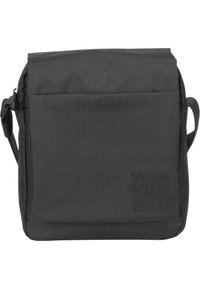 Borsa messenger nera realizzata in tessuto testurizzato, con patta pieghevole, tracolla regolabile e logo in rilievo sulla parte anteriore.