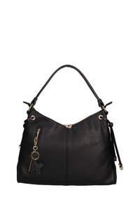 Sac à main en cuir noir avec une finition texturée, fermeture zippée, quincaillerie dorée et une poche zippée sur le côté avec un pendentif en forme d'ours.