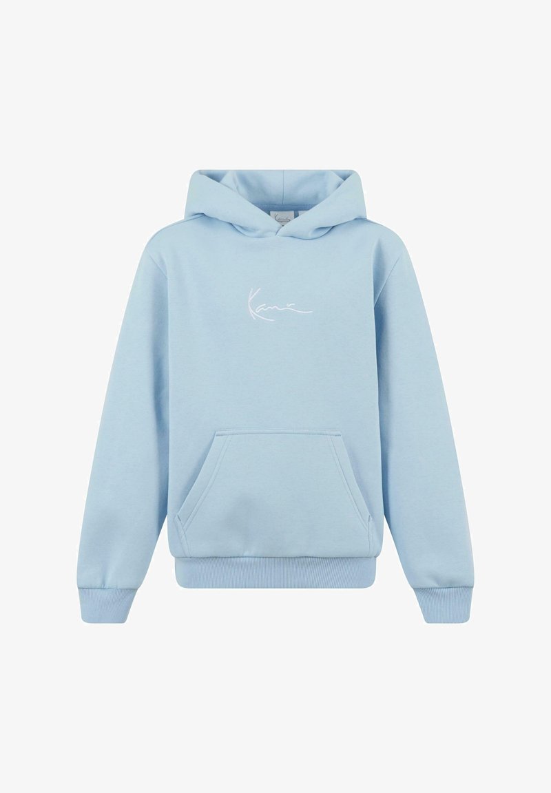 Ljusblå huvtröja i bomullsblandning. Utrustad med en framficka och en vit broderad logotyp på bröstet. Ribbad mudd.