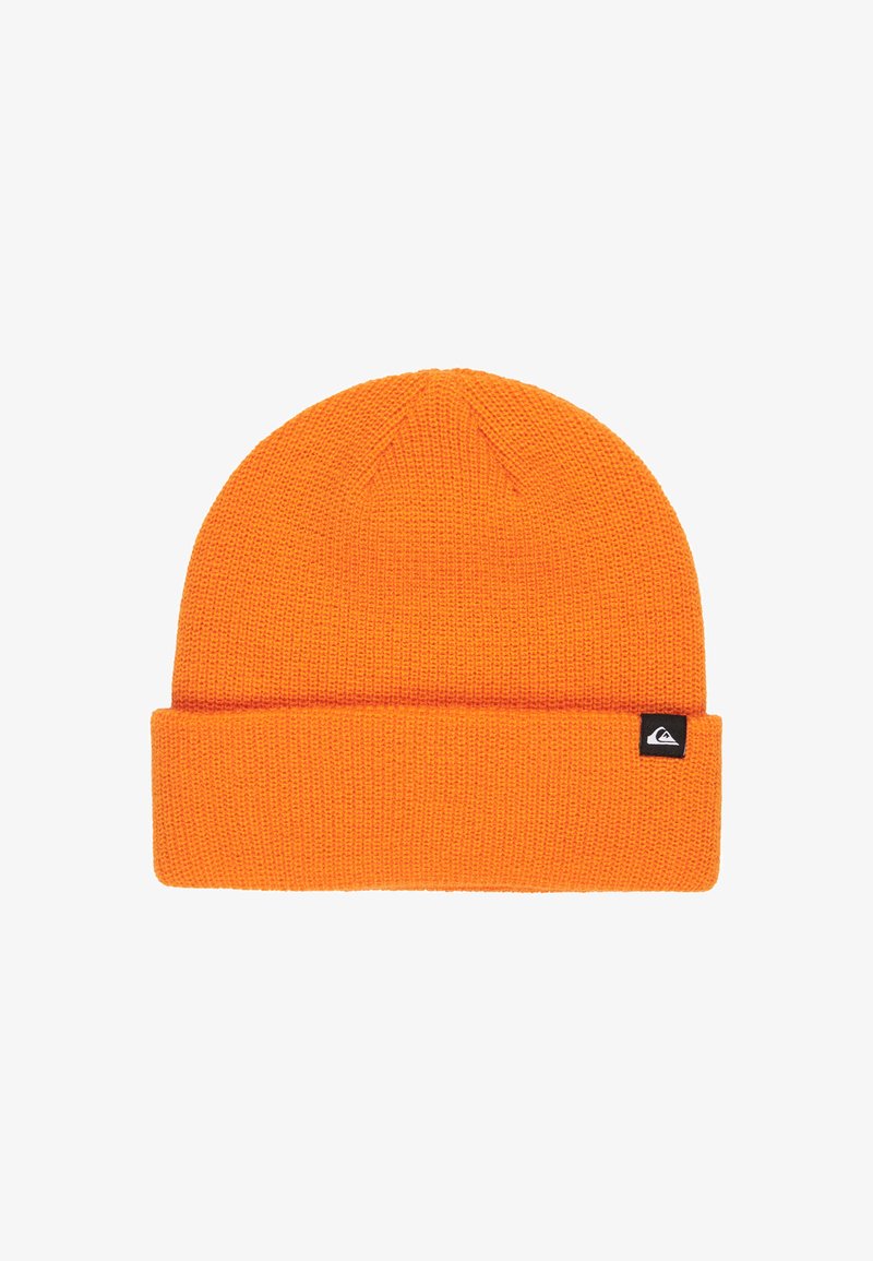 Bright orange knit beanie with folded cuff and small black logo tag on cuff against white background.