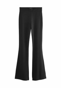 Black flared pants made of smooth fabric, featuring a subtle dot pattern, with an elastic waistband and a relaxed leg opening.