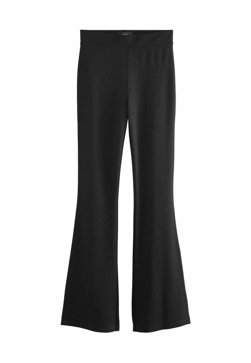 Black flared pants made of smooth fabric, featuring a subtle dot pattern, with an elastic waistband and a relaxed leg opening.