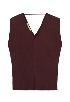 Ärmellose, dunkelbraune Damen-Strickweste mit V-Ausschnitt, schlichtem Design und geradem Saum.