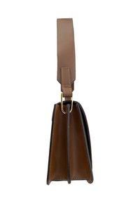 Borsa in pelle marrone con un design strutturato, dotata di manico superiore, hardware dorato e un bordo nero a contrasto.