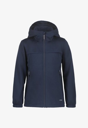 Veste softshell bleu marine avec capuche, fermeture éclair frontale et deux poches latérales. Dotée de poignets élastiques et d'une finition lisse et texturée.
