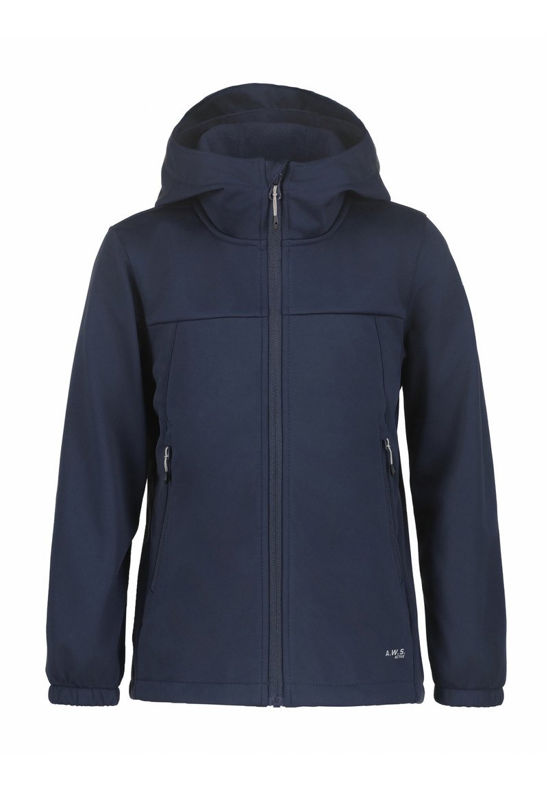 Veste softshell bleu marine avec capuche, fermeture éclair frontale et deux poches latérales. Dotée de poignets élastiques et d'une finition lisse et texturée.