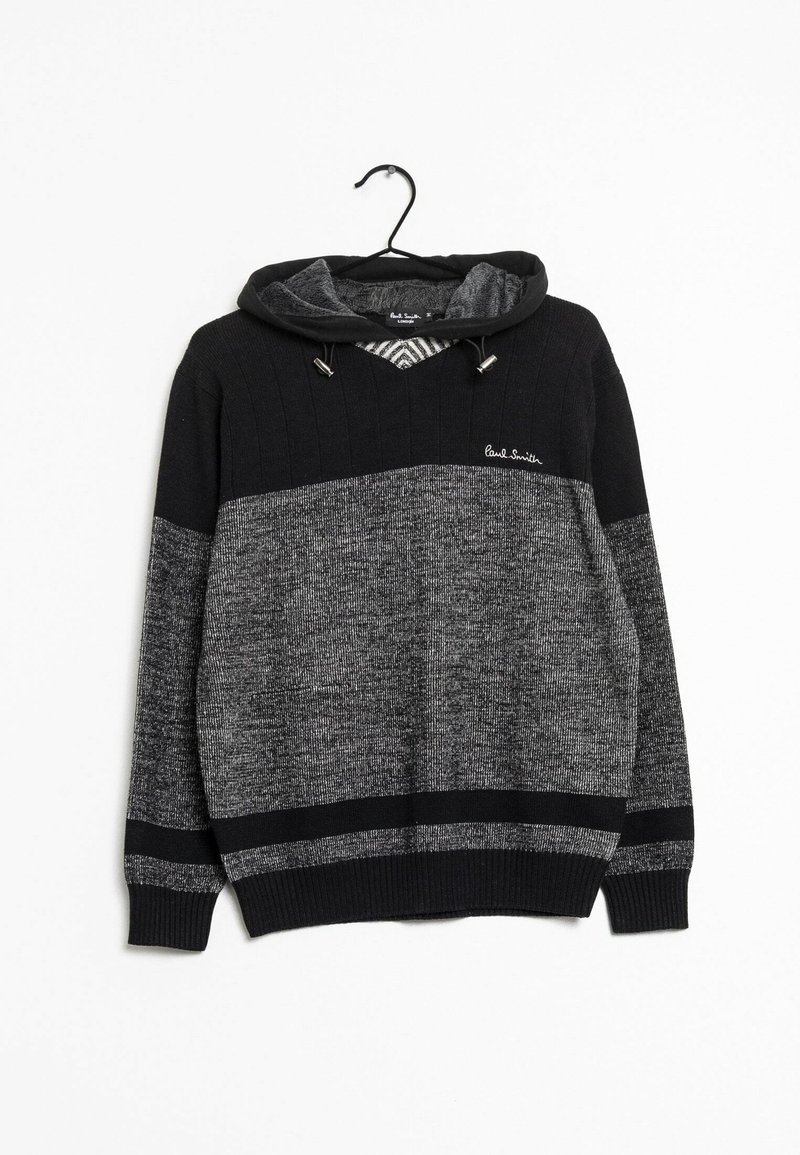 Schwarzer und grauer Strickpullover mit Kapuze und Kordelzügen, gerippten Bündchen und Saum sowie dem "Paul Smith"-Logo auf der Brust, hängt an einem schwarzen Kleiderbügel.