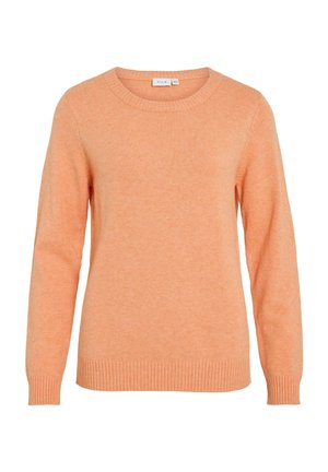 Pull léger orange en matériau doux, avec un col rond, des manches longues et des poignets et un ourlet côtelés. Texture lisse sans motifs.